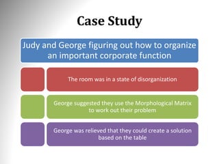 Case Study
Judy and George figuring out how to organize
an important corporate function
The room was in a state of disorganization
George suggested they use the Morphological Matrix
to work out their problem
George was relieved that they could create a solution
based on the table
 