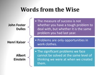 Words from the Wise
John Foster
Dulles
• The measure of success is not
whether you have a tough problem to
deal with, but whether it is the same
problem you had last year.
Henri Kaiser
• Problems are only opportunities in
work clothes.
Albert
Einstein
• The significant problems we face
cannot be solved at the same level of
thinking we were at when we created
them.
 