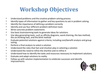 Workshop Objectives
• Understand problems and the creative problem solving process
• Identify types of information to gath...