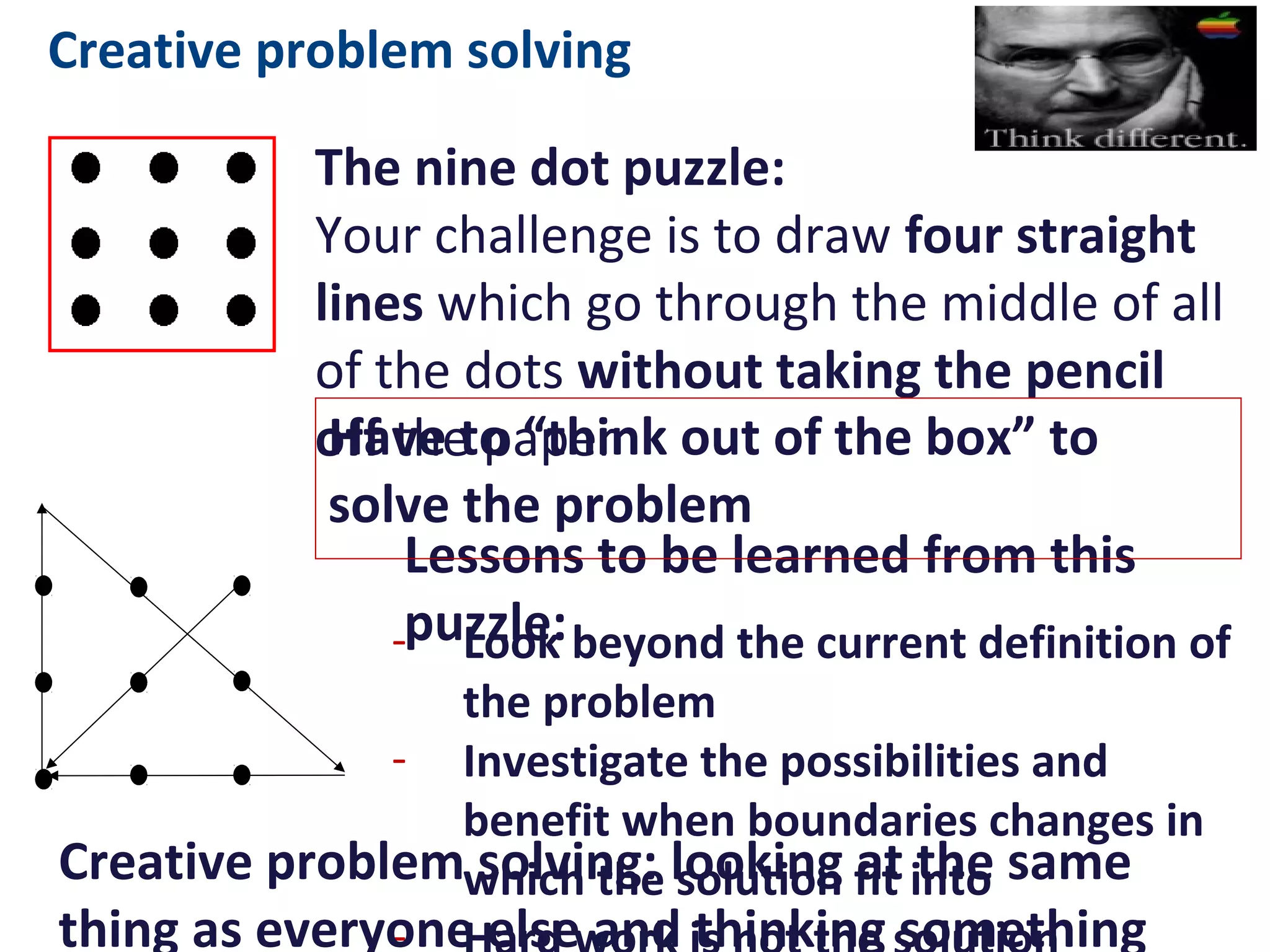 Creative problem solving
The nine dot puzzle:
Your challenge is to draw four straight lines which
go through the middle of all of the dots without
taking the pencil off the paper
Lessons to be learned from this puzzle:
- Look beyond the current definition of the
problem
- Investigate the possibilities and benefit when
boundaries changes in which the solution fit
into
- Hard work is not the solution
Creative problem solving:
Looking at the same thing as everyone else and thinking
something different … 
Have to “think out of the box” to solve the problem
 