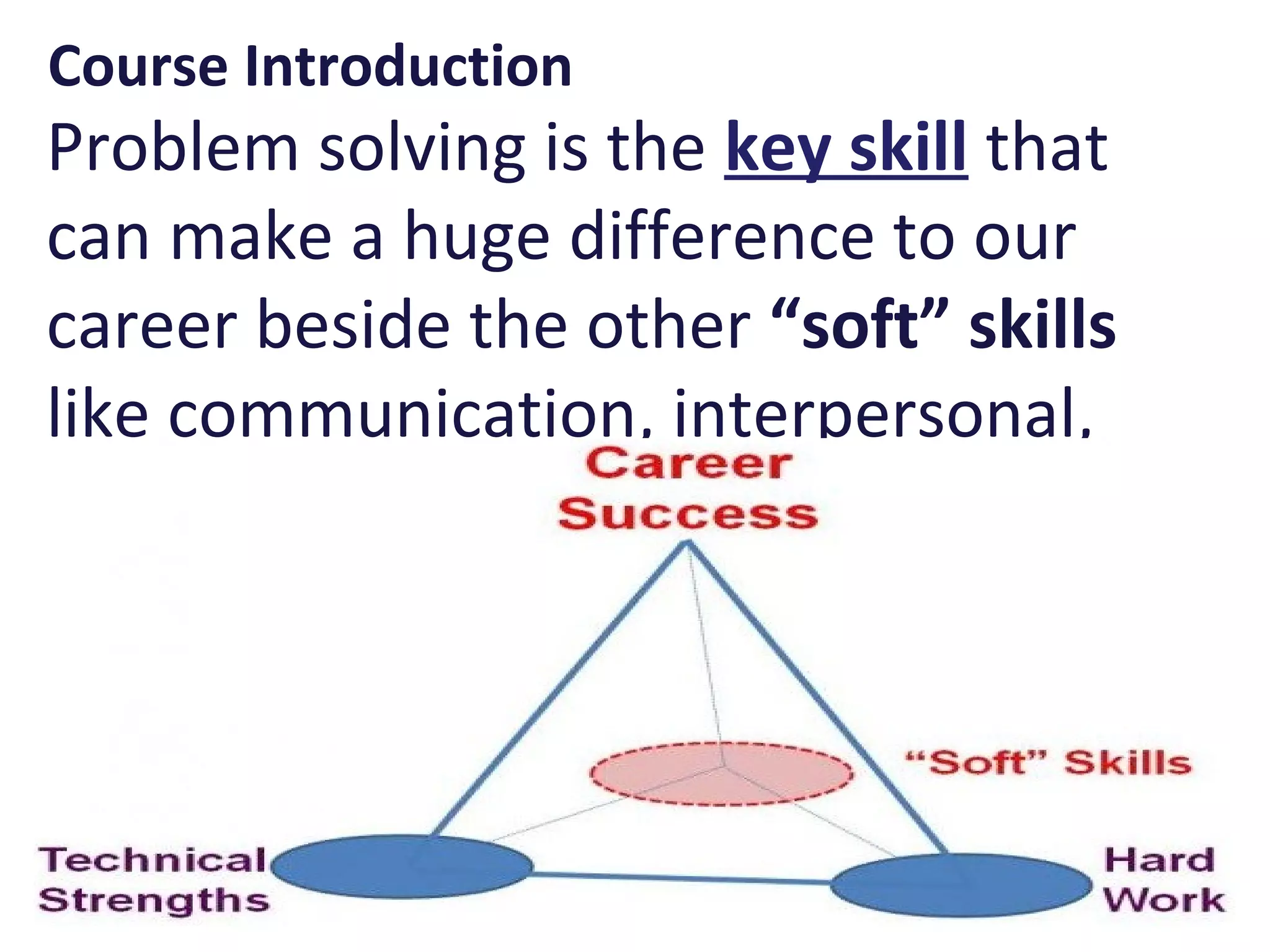 Course Introduction
Problem solving is the key skill that
can make a huge difference to our
career beside the other “soft” skills
like communication, interpersonal,
business awareness, organizing,
negotiation, time management,
planning, project management,
leadership skills …
 