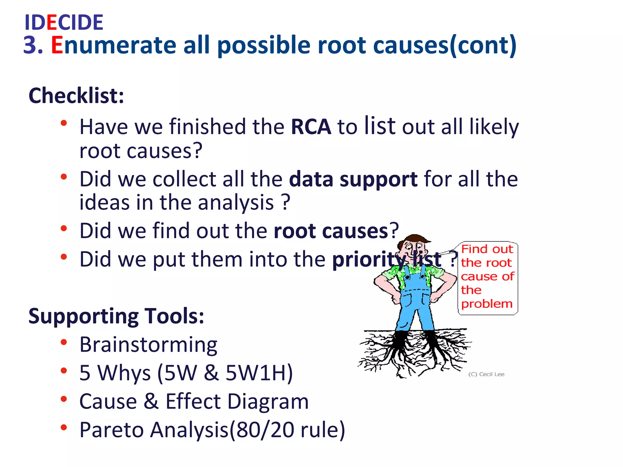 Checklist:
• Have we finished the RCA to list
out all likely root causes?
• Did we collect all the data support
for all the ideas in the analysis ?
• Did we find out the root causes?
• Did we put them into the priority
list ?
Supporting Tools:
• Brainstorming
• 5 Whys (5W & 5W1H)
• Cause & Effect Diagram
• Pareto Analysis(80/20 rule)
3. Enumerate all possible root causes(cont)
IDECIDE
 