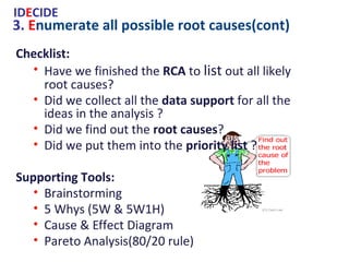 Checklist:
• Have we finished the RCA to list
out all likely root causes?
• Did we collect all the data support
for all the ideas in the analysis ?
• Did we find out the root causes?
• Did we put them into the priority
list ?
Supporting Tools:
• Brainstorming
• 5 Whys (5W & 5W1H)
• Cause & Effect Diagram
• Pareto Analysis(80/20 rule)
3. Enumerate all possible root causes(cont)
IDECIDE
 