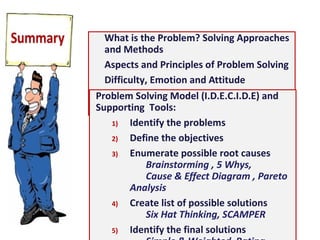 What is the Problem? Solving Approaches and Methods
Aspects and Principles of Problem Solving
Difficulty, Emotion and Attitude
Functional Fixedness and Creative Problem Solving
Problem Solving Model (I.D.E.C.I.D.E) and Supporting
Tools:
1) Identify the problems
2) Define the objectives
3) Enumerate possible root causes
Brainstorming , 5 Whys,
Cause & Effect Diagram , Pareto Analysis
4) Create list of possible solutions
Six Hat Thinking, SCAMPER
5) Identify the final solutions
Simple & Weighted Rating Charts, FFA
6) Develop an action plan and do it
Gantt Chart, Action Register
7) Evaluate the results and improve
 