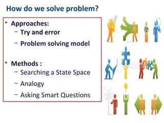 How do we solve problem?
• Approaches:
– Try and error
– Problem solving model
• Methods :
– Searching a State Space
– Analogy
– Asking Smart Questions
 