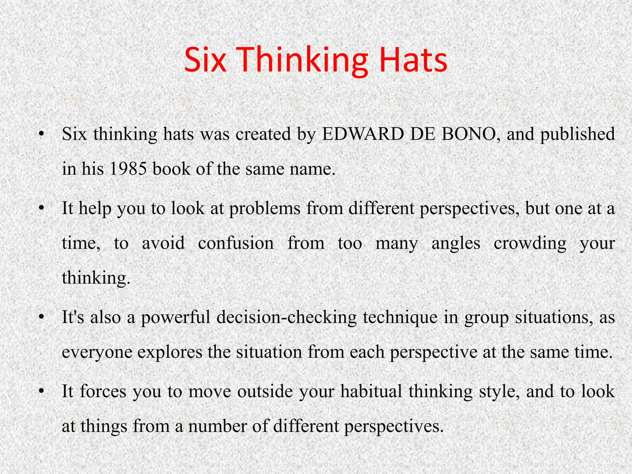 Creative problem solving with six thinking hats | PPTX