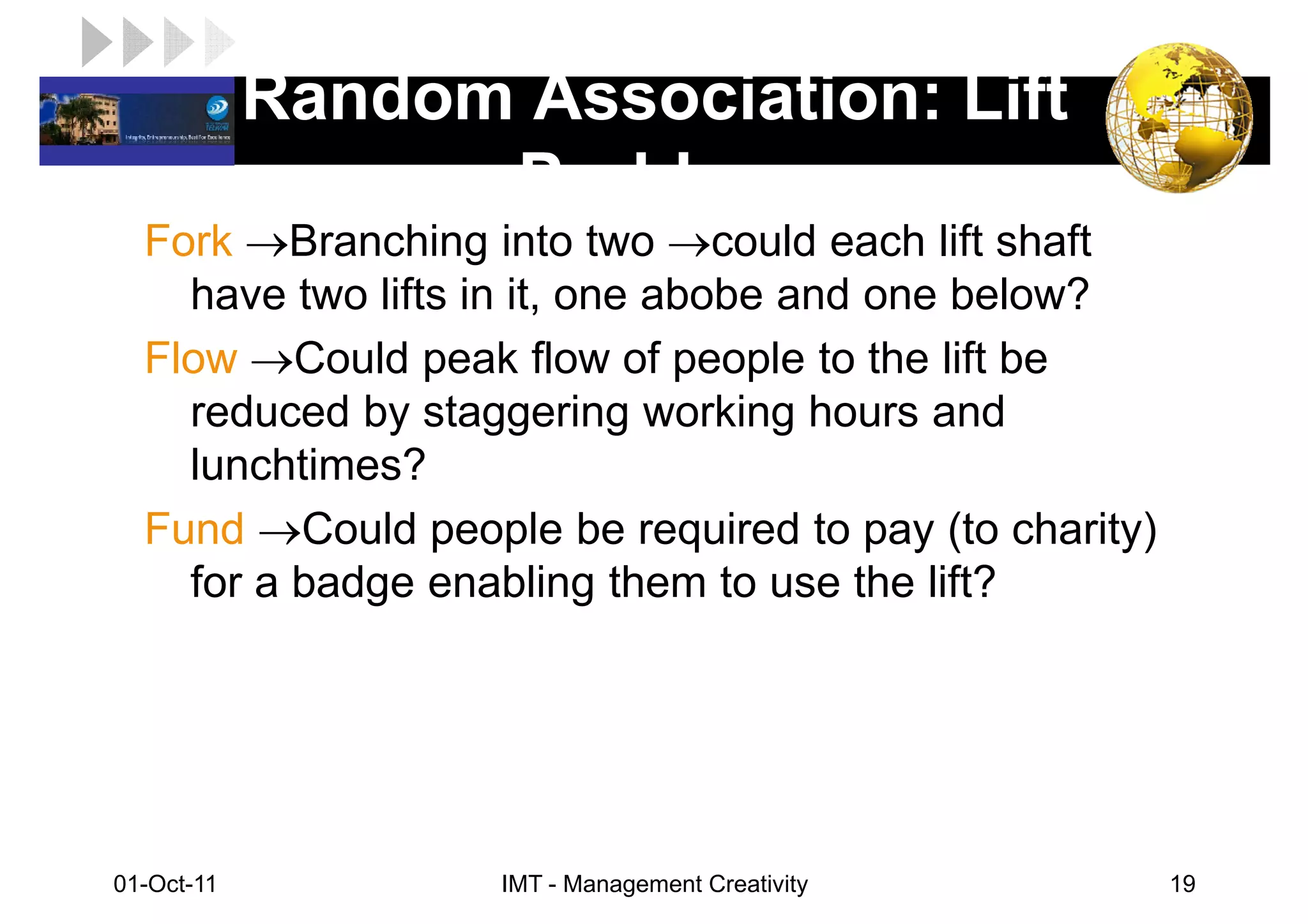 LOGO         Random Association: Lift
                   Problem
   Fork →Branching into two →could each lift shaft
     have two lifts in it, one abobe and one below?
   Flow →Could peak flow of people to the lift be
     reduced by staggering working hours and
     lunchtimes?
   Fund →Could people be required to pay (to charity)
     for a badge enabling them to use the lift?




 01-Oct-11          IMT - Management Creativity         19
 