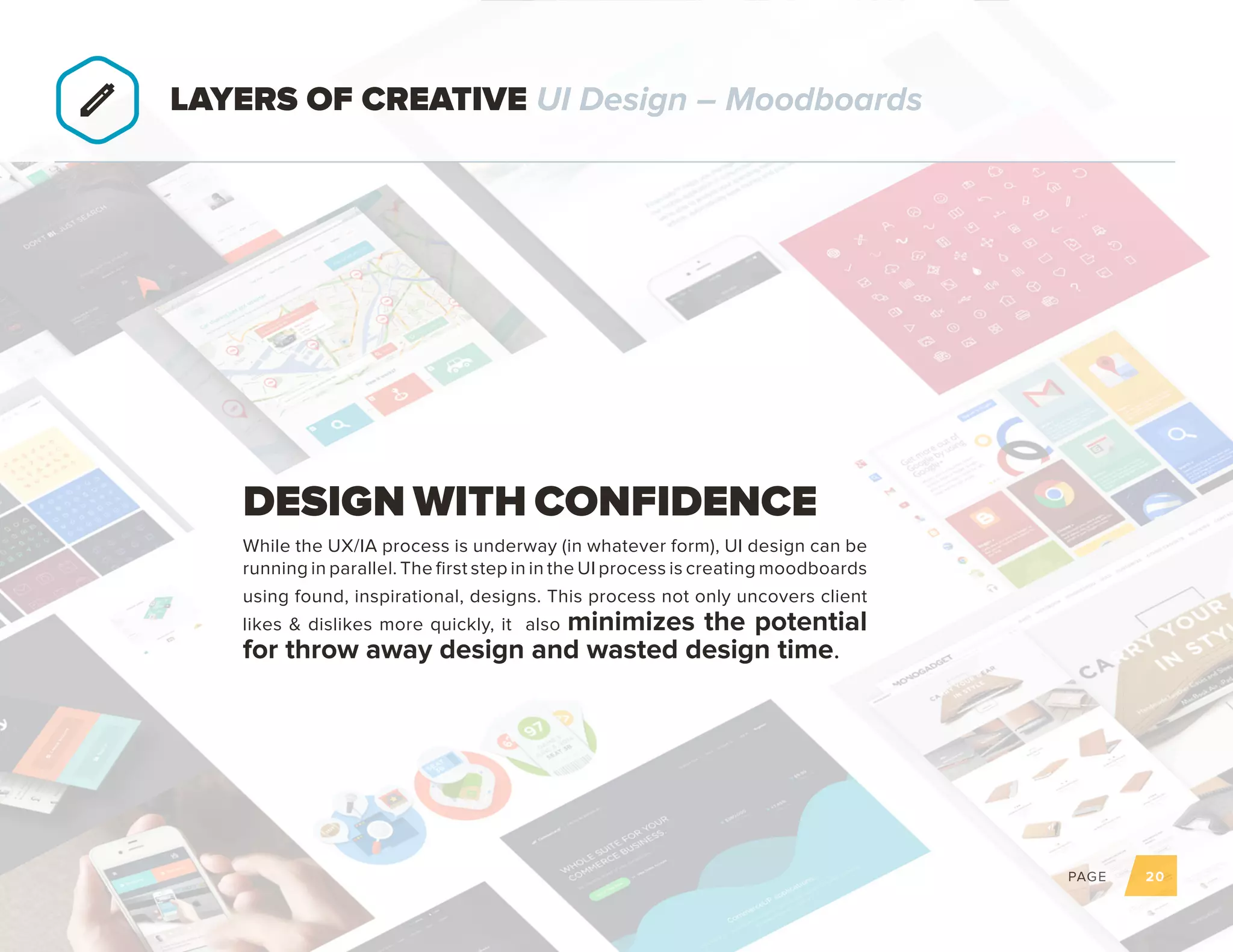 PAGE 20
While the UX/IA process is underway (in whatever form), UI design can be
running in parallel. The first step in in the UI process is creating moodboards
using found, inspirational, designs. This process not only uncovers client
likes & dislikes more quickly, it also minimizes the potential
for throw away design and wasted design time.
DESIGN WITH CONFIDENCE
LAYERS OF CREATIVE UI Design – Moodboards
 