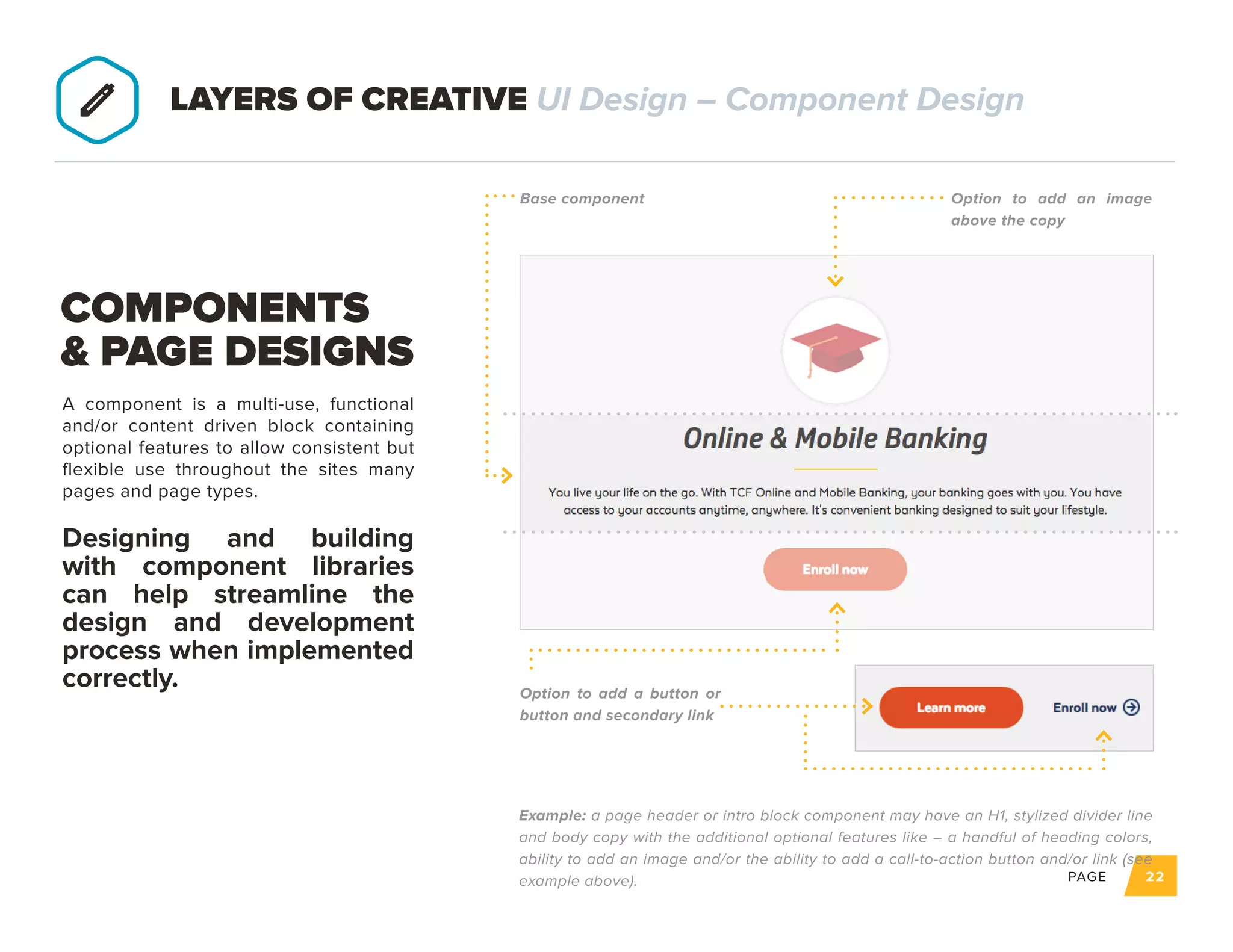 PAGE 22
HEADLINE GOES HERE
Lorem ipsum dolor sit amet, consectetur adipiscing elit. Curabitur cursus, erat vitae
vehicula aliquam, nisl tortor scelerisque quam, id accumsan ante.
A component is a multi-use, functional
and/or content driven block containing
optional features to allow consistent but
flexible use throughout the sites many
pages and page types.
Designing and building
with component libraries
can help streamline the
design and development
process when implemented
correctly.
Example: a page header or intro block component may have an H1, stylized divider line
and body copy with the additional optional features like – a handful of heading colors,
ability to add an image and/or the ability to add a call-to-action button and/or link (see
example above).
COMPONENTS
& PAGE DESIGNS
LAYERS OF CREATIVE UI Design – Component Design
Option to add a button or
button and secondary link
Option to add an image
above the copy
Base component
LEARN MORE
LEARN MORE See Details >
( Icon )
 