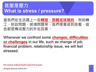 甚麼是壓力
What is stress / pressure?
當我們在生活遇上一些轉變、困難或挑戰時，例如轉
工、財政問題、感情問題等，我們便會感到受壓，這
些都是構成壓力的外在因素。
Whenever we confront some changes, difficulties
or challenges in our life, such as change of job,
financial problem, relationship issue, we will feel
stressed.
All Rights Reserved © WFS 2017 11
Ref: Institute of Mental Health Castle Peak Hospital
 