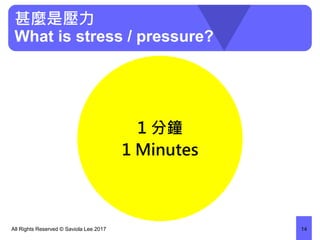 甚麼是壓力
What is stress / pressure?
1 分鐘
1 Minutes
All Rights Reserved © Saviola Lee 2017 14
 