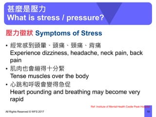 甚麼是壓力
What is stress / pressure?
• 經常感到頭暈、頭痛、頸痛、背痛
Experience dizziness, headache, neck pain, back
pain
• 肌肉也會繃得十分緊
Tense muscles over the body
• 心跳和呼吸會變得急促
Heart pounding and breathing may become very
rapid
All Rights Reserved © WFS 2017 19
壓力徵狀 Symptoms of Stress
Ref: Institute of Mental Health Castle Peak Hospital
 