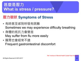 甚麼是壓力
What is stress / pressure?
• 有時甚至感到呼吸有困難
Sometimes we may experience difficulty breathing
• 身體的抵抗力會變差
May suffer from flu more easily
• 腸胃也會經常不適
Frequent gastrointestinal discomfort
All Rights Reserved © WFS 2017 20
壓力徵狀 Symptoms of Stress
Ref: Institute of Mental Health Castle Peak Hospital
 
