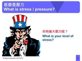甚麼是壓力
What is stress / pressure?
你有幾大壓力呢？
What is your level of
stress?
All Rights Reserved © WFS 2017 24
 