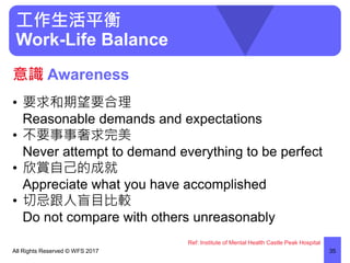 工作生活平衡
Work-Life Balance
• 要求和期望要合理
Reasonable demands and expectations
• 不要事事奢求完美
Never attempt to demand everything to be perfect
• 欣賞自己的成就
Appreciate what you have accomplished
• 切忌跟人盲目比較
Do not compare with others unreasonably
All Rights Reserved © WFS 2017 35
意識 Awareness
Ref: Institute of Mental Health Castle Peak Hospital
 