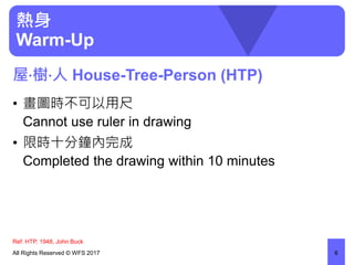 熱身
Warm-Up
• 畫圖時不可以用尺
Cannot use ruler in drawing
• 限時十分鐘內完成
Completed the drawing within 10 minutes
All Rights Reserved © WFS 2017 6
屋‧樹‧人 House-Tree-Person (HTP)
Ref: HTP, 1948, John Buck
 