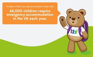 48,000 children require
emergency accommodation
in the UK each year.
A matter of fact, you may be shocked to learn that
 