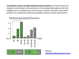 Los distintos autores escogen distintos tipos de licencia. Las licencias que no 
imponen restricciones al uso comercial o a los trabajos derivados son las más 
elegidas por los creadores que usan licencias Creative Commons, pero existe 
también una importante minoría que prefiere imponer ciertas restricciones. 
Informe 
stateof.creativecommons.org » 
