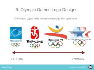 9. Olympic Games Logo Designs
All Olympic Logos need to balance heritage with dynamism

HERITAGE

Client/Project

DYNAMISM

CREATIVE SEMIOTICS LTD.

 