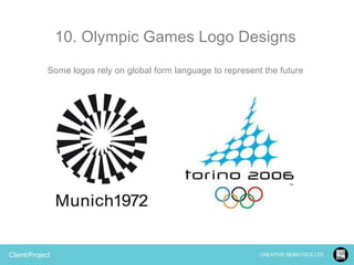 10. Olympic Games Logo Designs
Some logos rely on global form language to represent the future

Client/Project

CREATIVE SEMIOTICS LTD.

 