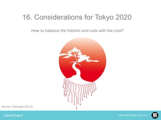 16. Considerations for Tokyo 2020
How to balance the historic and cute with the cool?

Source: Copyright (2013)

Client/Project

CREATIVE SEMIOTICS LTD.

 