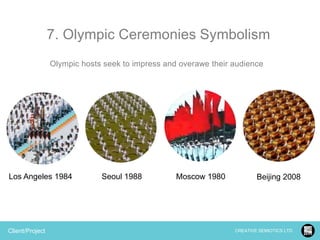 7. Olympic Ceremonies Symbolism
Olympic hosts seek to impress and overawe their audience

Los Angeles 1984

Client/Project

Seoul 1988

Moscow 1980

Beijing 2008

CREATIVE SEMIOTICS LTD.

 