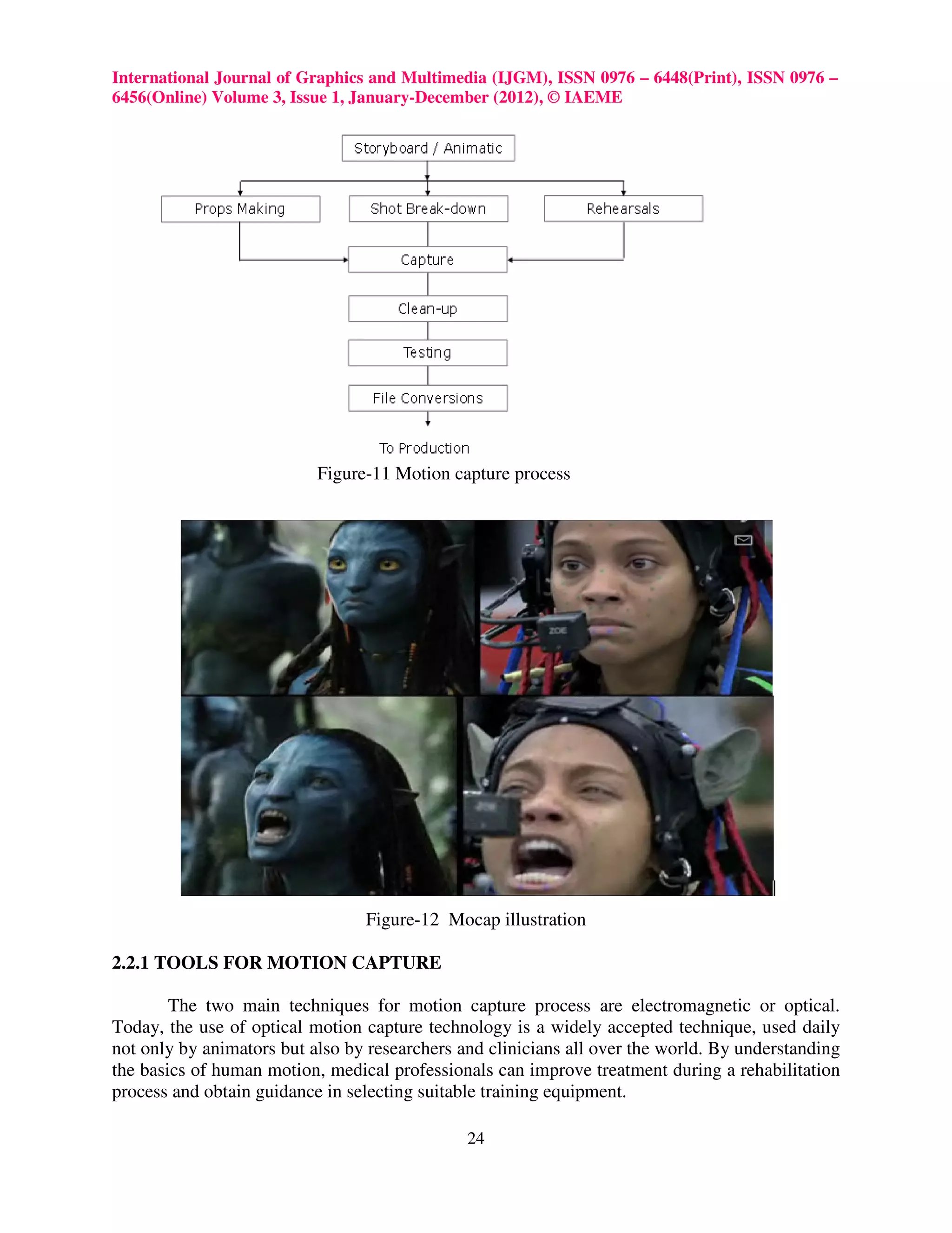 International Journal of Graphics and Multimedia (IJGM), ISSN 0976 – 6448(Print), ISSN 0976 –
6456(Online) Volume 3, Issue 1, January-December (2012), © IAEME




                           Figure-11 Motion capture process




                                 Figure-12 Mocap illustration

2.2.1 TOOLS FOR MOTION CAPTURE

        The two main techniques for motion capture process are electromagnetic or optical.
Today, the use of optical motion capture technology is a widely accepted technique, used daily
not only by animators but also by researchers and clinicians all over the world. By understanding
the basics of human motion, medical professionals can improve treatment during a rehabilitation
process and obtain guidance in selecting suitable training equipment.

                                               24
 