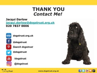 www.dogstrust.org.uk
Jacqui Darlow
jacqui.darlow@dogstrust.org.uk
020 7837 0006
dogstrust.org.uk
@dogstrust
@dogstrust
Contact Me!
THANK YOU
Search dogstrust
/dogstrust
@dogstrust
 