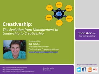 Creativeship:  The Evolution from Management to Leadership to Creativeship Presented by: Bob Kelleher President and Founder The Employee Engagement Group www.EmployeeEngagement.com http://www.facebook.com/monsterww        @monster_works @monsterww http://www.monsterthinking.com/ http://www.youtube.com/user/MonsterVideoVault 