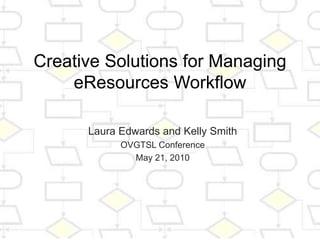 Creative Solutions for Managing
eResources Workflow
Laura Edwards and Kelly Smith
OVGTSL Conference
May 21, 2010
 