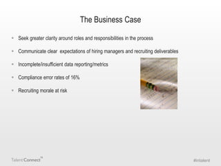 The Business Case
 Seek greater clarity around roles and responsibilities in the process

 Communicate clear expectations of hiring managers and recruiting deliverables
 Incomplete/insufficient data reporting/metrics
 Compliance error rates of 16%

 Recruiting morale at risk

#intalent

 