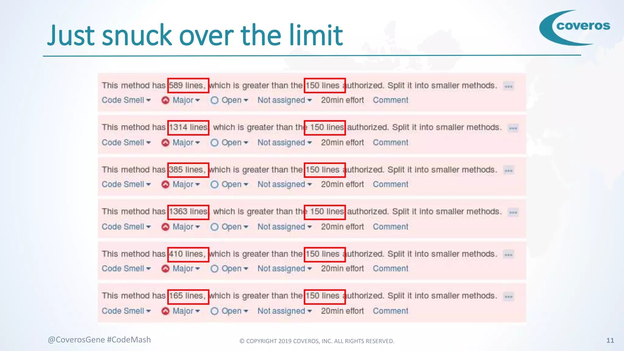 © COPYRIGHT 2019 COVEROS, INC. ALL RIGHTS RESERVED. 11@CoverosGene #CodeMash
Just snuck over the limit
 