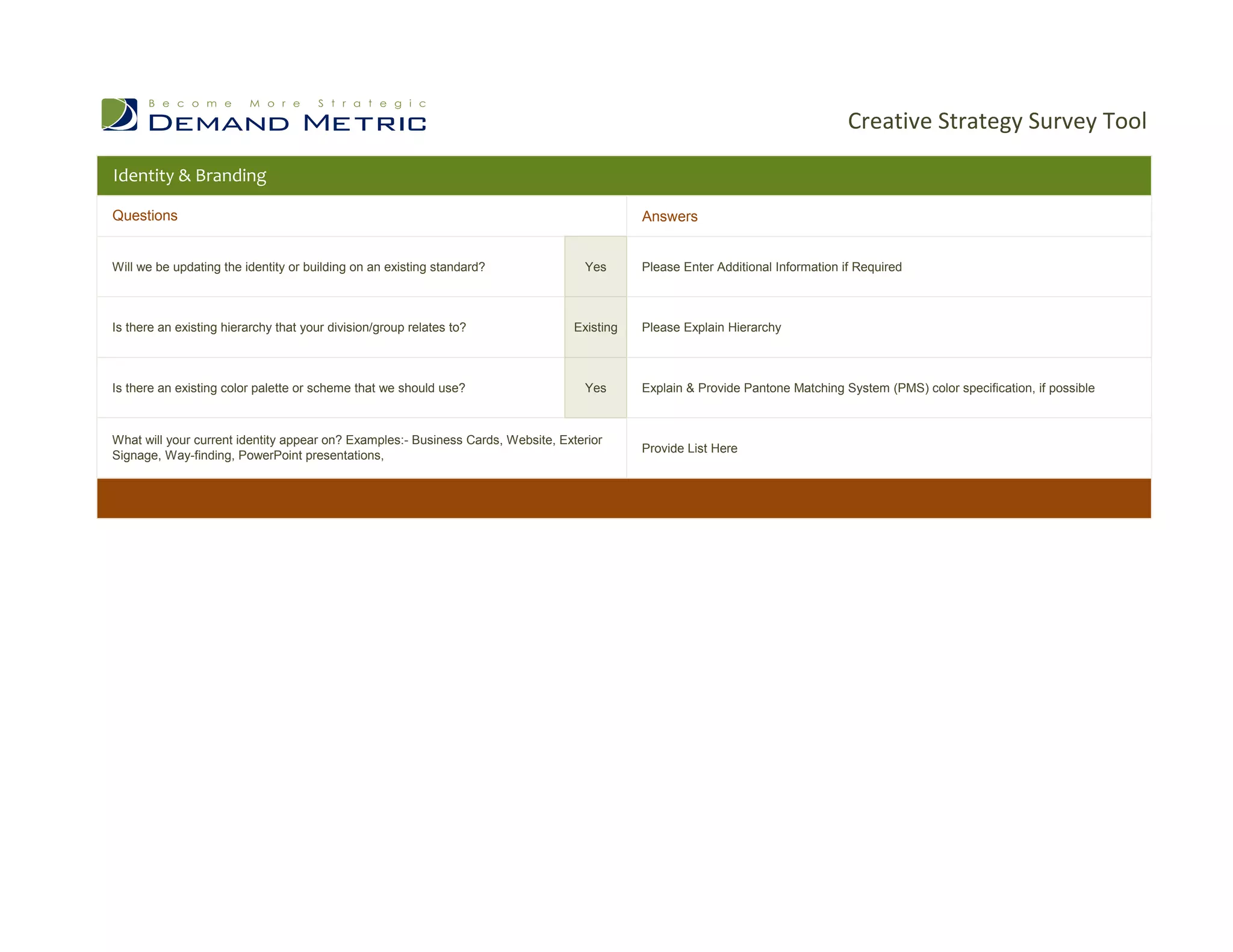 Creative Strategy Survey Tool

Identity & Branding

Questions                                                                                   Answers


Will we be updating the identity or building on an existing standard?              Yes      Please Enter Additional Information if Required



Is there an existing hierarchy that your division/group relates to?              Existing   Please Explain Hierarchy



Is there an existing color palette or scheme that we should use?                   Yes      Explain & Provide Pantone Matching System (PMS) color specification, if possible



What will your current identity appear on? Examples:- Business Cards, Website, Exterior
                                                                                            Provide List Here
Signage, Way-finding, PowerPoint presentations,
 