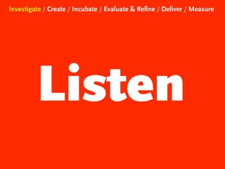 Investigate / Create / Incubate / Evaluate & Refine / Deliver / Measure

Listen

 