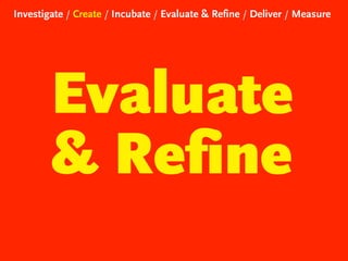 Investigate / Create / Incubate / Evaluate & Refine / Deliver / Measure

Evaluate
& Refine

 