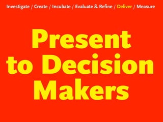 Investigate / Create / Incubate / Evaluate & Refine / Deliver / Measure

Present
to Decision
Makers

 