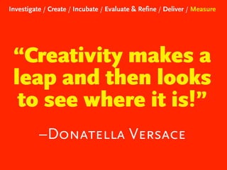 Investigate / Create / Incubate / Evaluate & Refine / Deliver / Measure

“Creativity makes a
leap and then looks
to see where it is!”
–Donatella Versace

 