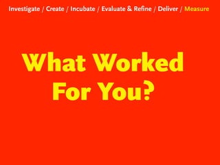 Investigate / Create / Incubate / Evaluate & Refine / Deliver / Measure

What Worked
For You?

 
