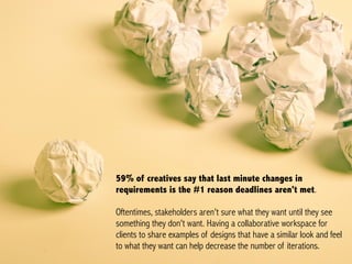 Slide 104 Biggest Challenges for Creative Teams
59% of creatives say that last minute changes in requirements is the #1 re...