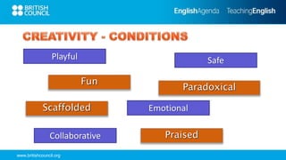 www.britishcouncil.org
Playful
Paradoxical
Fun
Emotional
Safe
Praised
Scaffolded
Collaborative
 