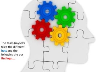 The team (myself)
tried the different
hats and the
following are our
findings….
 