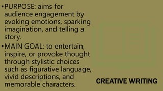 CREATIVE WRITING
•PURPOSE: aims for
audience engagement by
evoking emotions, sparking
imagination, and telling a
story.
•MAIN GOAL: to entertain,
inspire, or provoke thought
through stylistic choices
such as figurative language,
vivid descriptions, and
memorable characters.
 