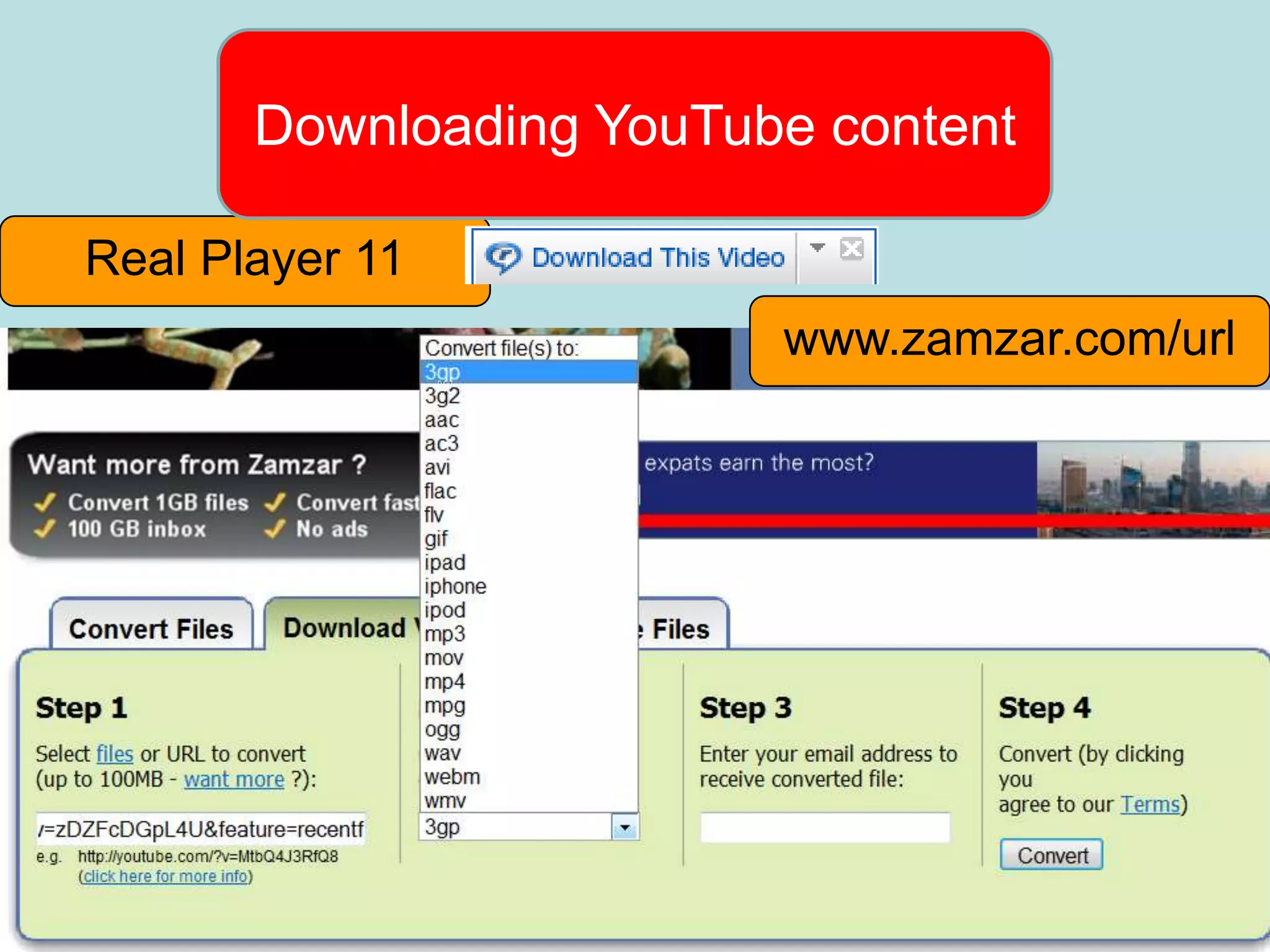 Downloading YouTube content

Real Player 11
                         www.zamzar.com/url
 