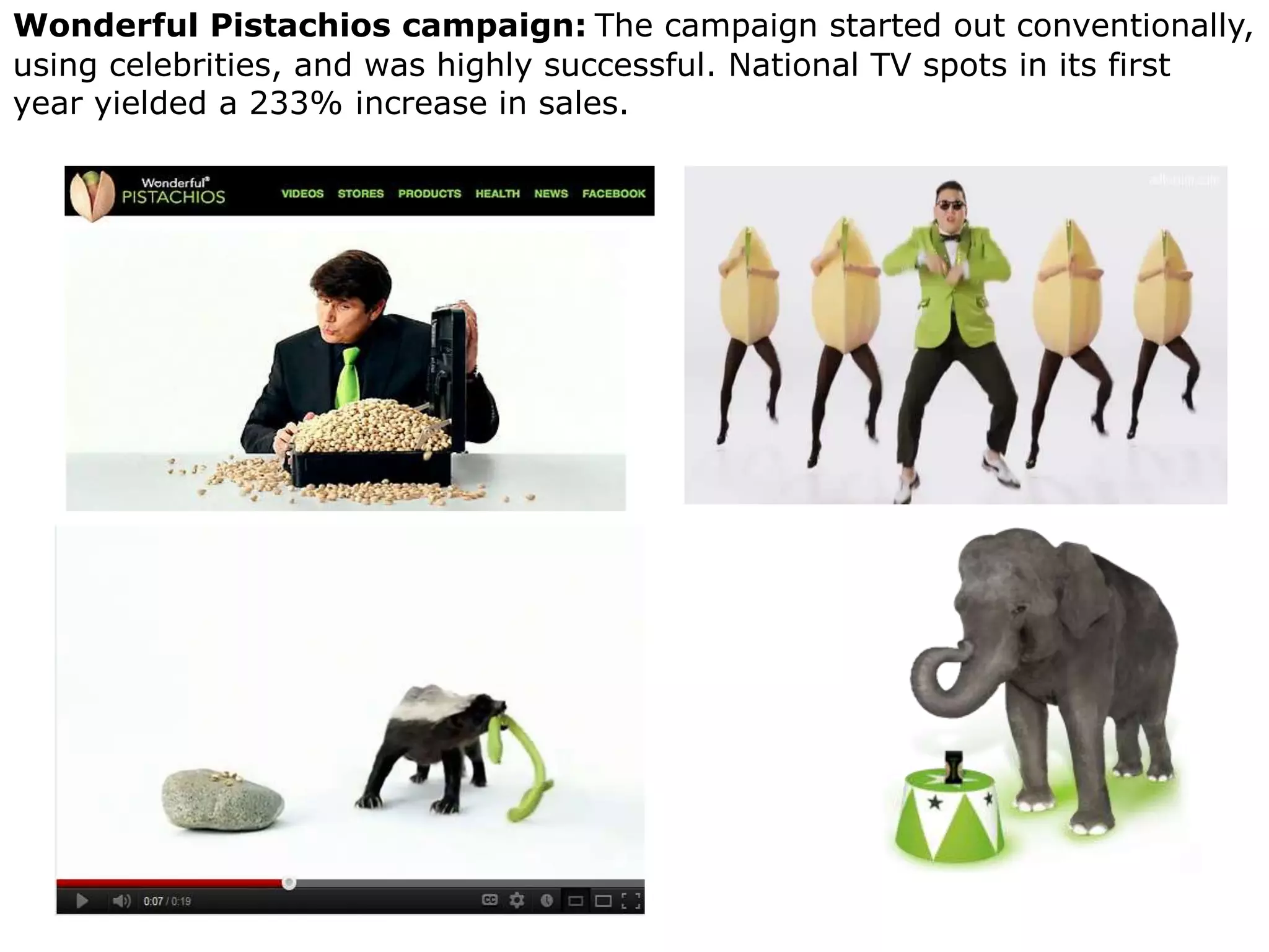 Wonderful Pistachios campaign: The campaign started out conventionally,
using celebrities, and was highly successful. National TV spots in its first
year yielded a 233% increase in sales.
 