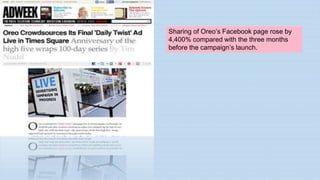Sharing of Oreo’s Facebook page rose by
4,400% compared with the three months
before the campaign’s launch.
 