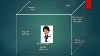 Comfort
Zone
Fear
Why to
waste time
?
Log Kya
Kahenge
Path already
exist, then
why to try
Where to
start with?
My thinking box
 
