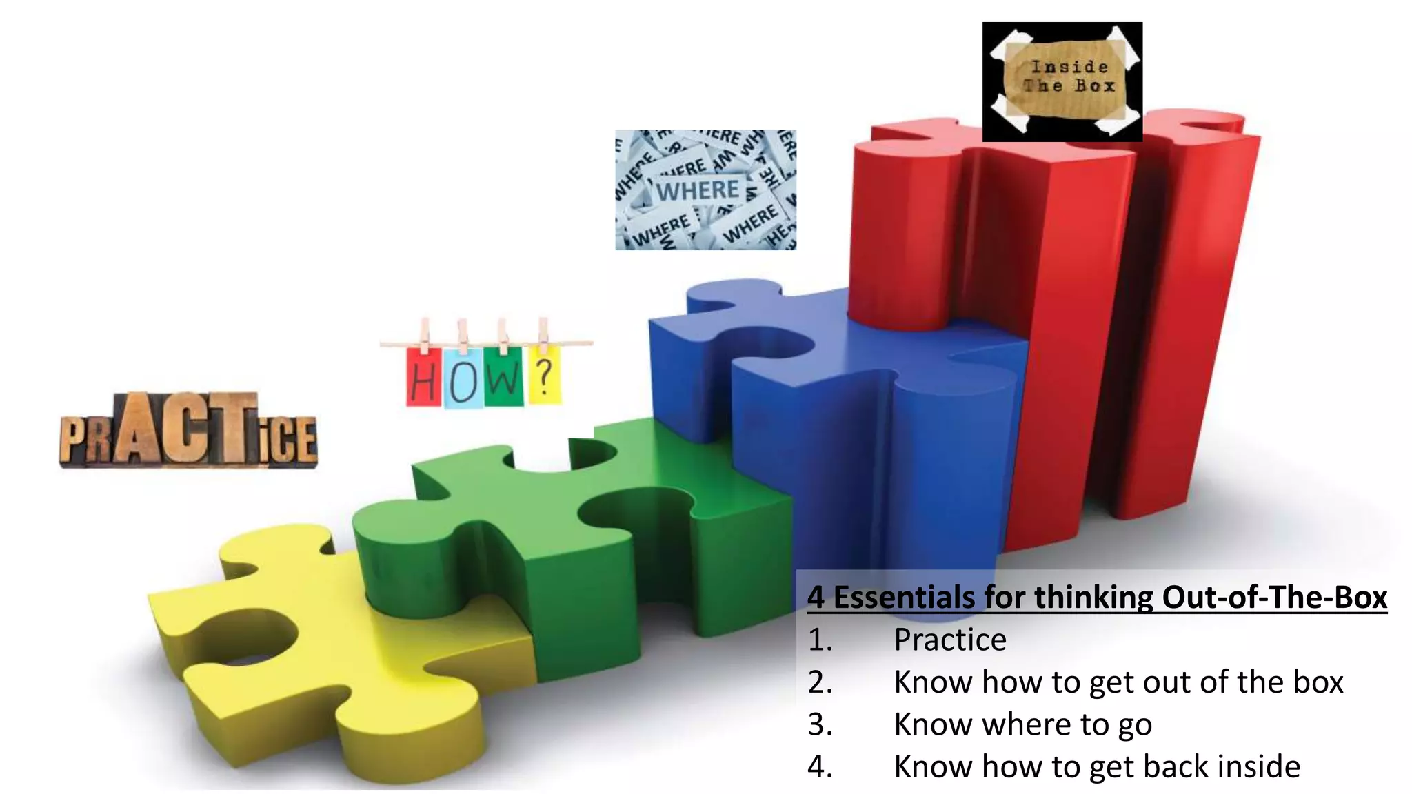 4 Essentials for thinking Out-of-The-Box
1. Practice
2. Know how to get out of the box
3. Know where to go
4. Know how to get back inside