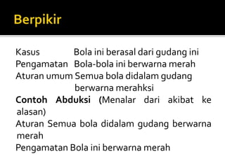 Kasus Bola ini berasal dari gudang ini
Pengamatan Bola-bola ini berwarna merah
Aturan umum Semua bola didalam gudang
berwarna merahksi
Contoh Abduksi (Menalar dari akibat ke
alasan)
Aturan Semua bola didalam gudang berwarna
merah
Pengamatan Bola ini berwarna merah
 