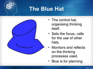 The Blue Hat
• The control hat,
organising thinking
itself.
• Sets the focus, calls
for the use of other
hats.
• Monitors and reflects
on the thinking
processes used.
• Blue is for planning.
 