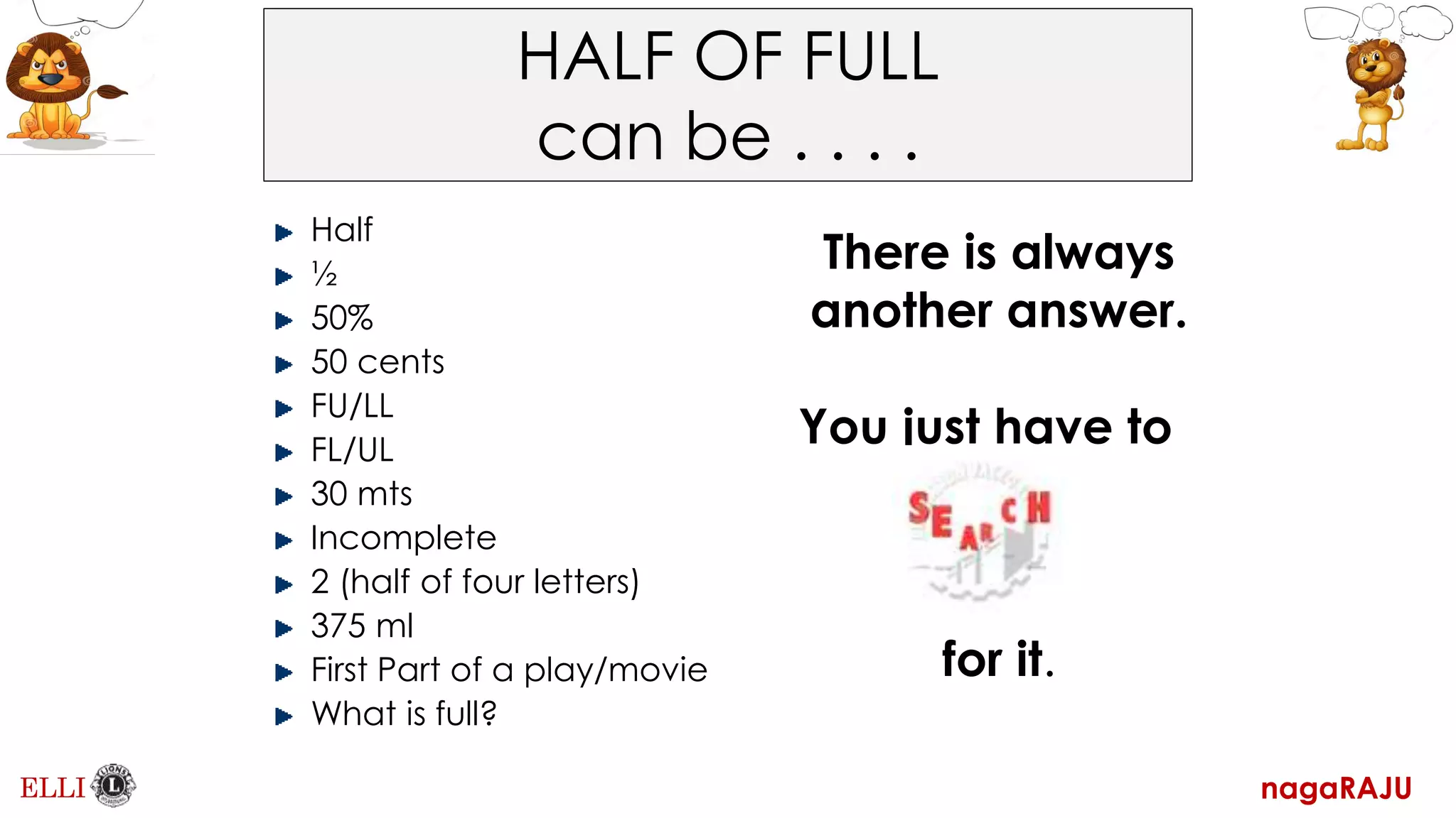 nagaRAJU
ELLI
HALF OF FULL
can be . . . .
Half
½
50%
50 cents
FU/LL
FL/UL
30 mts
Incomplete
2 (half of four letters)
375 ml
First Part of a play/movie
What is full?
There is always
another answer.
You just have to
for it.